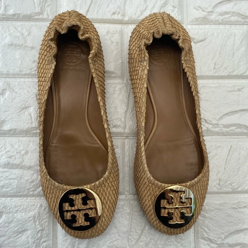 TORY BURCH  Python Embossed Leather Minnie Scrunch Ballet Flats